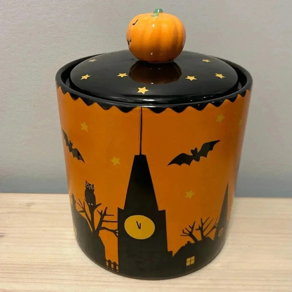 Halloween Canister Spooky Town Witch, Moon, Stars, Bats, Owl, Black Cat, Pumpkin - Picture 5 of 9